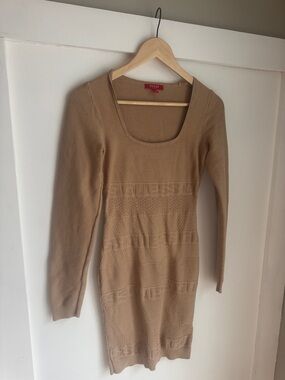 Guess Camel V-Neck Long-Sleeve Knit Sweater Dress